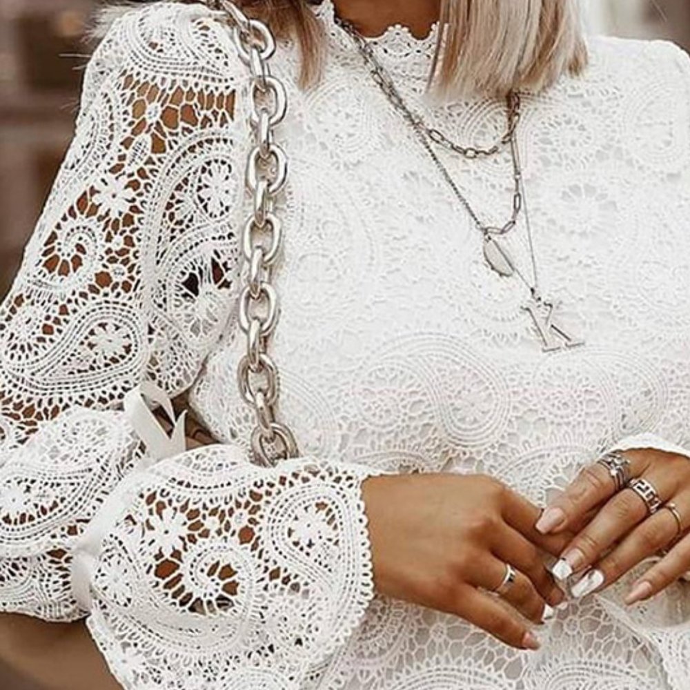 Sheer Lace Mock Neckline Long Sleeve Top - Picture 3 of 5